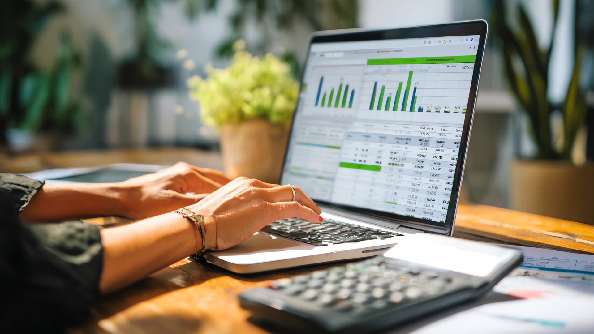 Hands typing on a laptop showing bar charts and a spreadsheet, beside a calculator